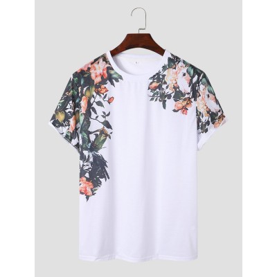 Mens Floral Print Crew Neck Holiday Short Sleeve T  Shirts