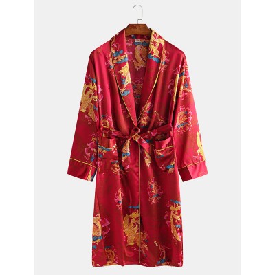 Mens Long Sleeve Silk Bathrobe Nightdress Sleepwear