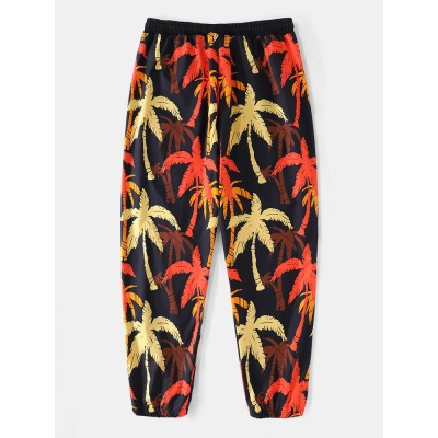 Mens Maple Leaf Print Drawstring Casual Pants