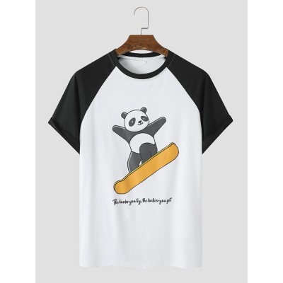 Men Surfing Panda Print Winter Sports Casual Short Sleeve Street T  Shirts