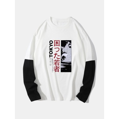 Men Japanese Anime Tokyo Print 100  Cotton 2 In 1 Long Sleeve T  Shirts