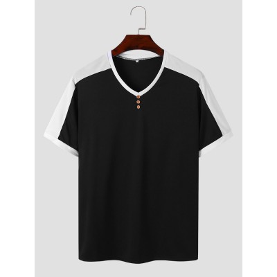 Men Patchwork Soft Formal Stylish Short Sleeve Buttons Decor T  Shirts