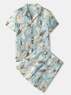 Mens Tropical Leaves Print Pajama Set Two Pieces Home Casual Sleepwear