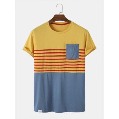 Men Cotton Contrast Striped Colorblock Chest Pocket Short Sleeve Leisure T  Shirt