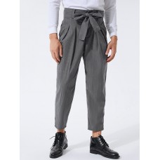 Men Cotton Design Striped Belted Pockets Casual Pants